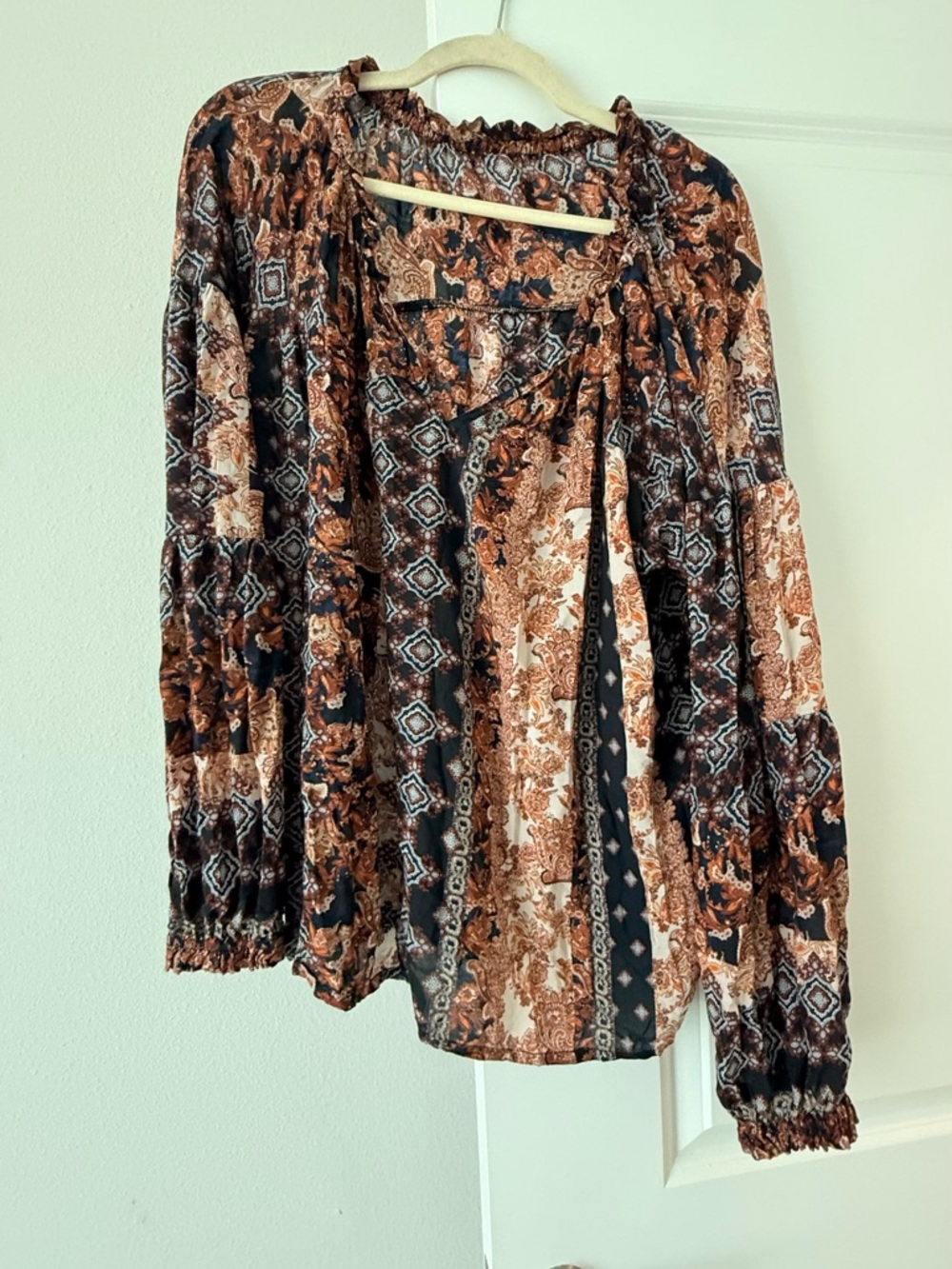 🔥$10 FINAL PRICE🔥 Women's Boho Paisley Peasant Blouse - Brown Multi - Picture 2 of 6